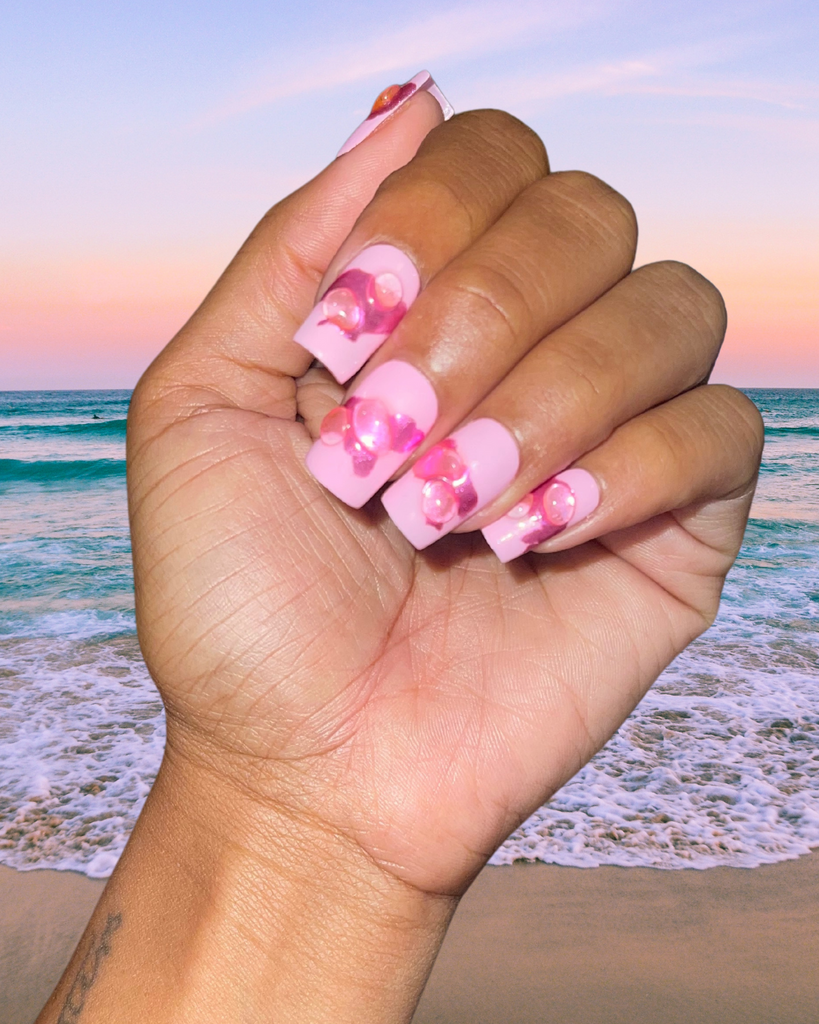 pink press on nails, 3d nails, pink metallic nails